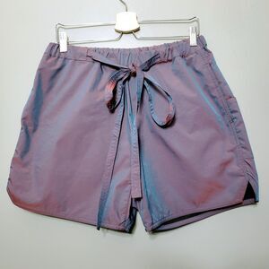 MNML Shorts Mens Size Medium Purple Iridescent Elastic Waist Ties Mesh Lining